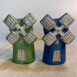 Salt and Pepper Shakers Vintage Blue and Green Windmill Porcelain Japanese Set